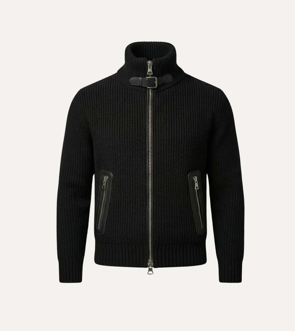 Black Knit Jacket with Leather Details